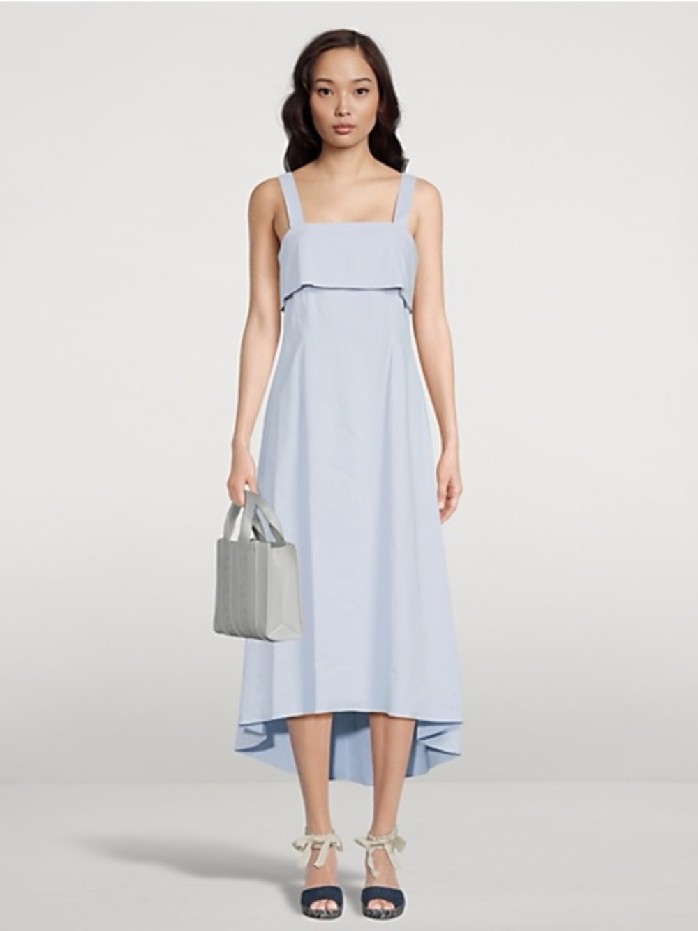 Theory Light Blue Draped Back Flap Square-Neck Linen Dress